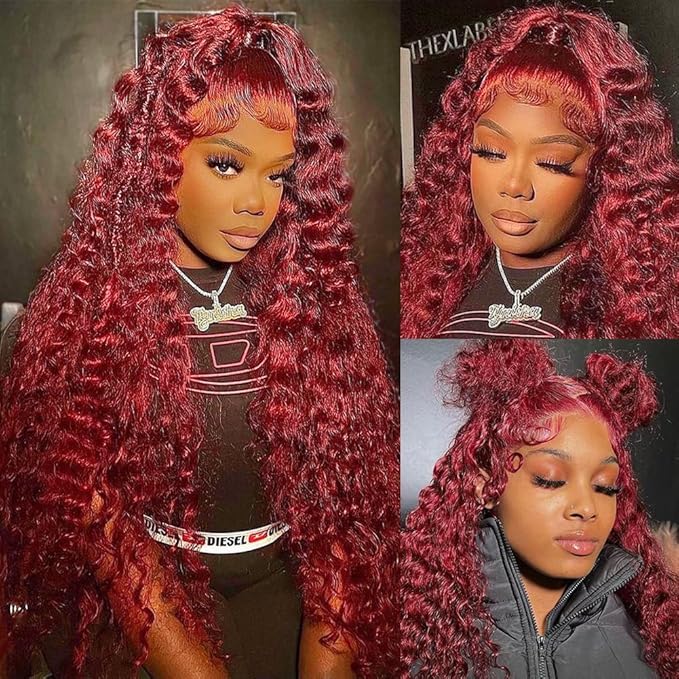 30 Inch 99J Burgundy Deep Wave Lace Front Wigs Human Hair 200% Density 13x6 HD Lace Frontal Wigs for Women 100% Real Human Hair No Synthetic Blend No Tangle No Shedding Triple Lifespan 3X