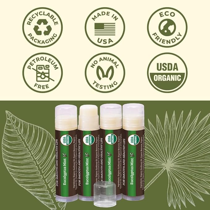 USDA Organic Lip Balm 4-Pack by Earth's Daughter - Eucalyptus Mint Flavor, Beeswax, Coconut Oil, Vitamin E - Best Lip Repair Chapstick for Dry Cracked Lips.