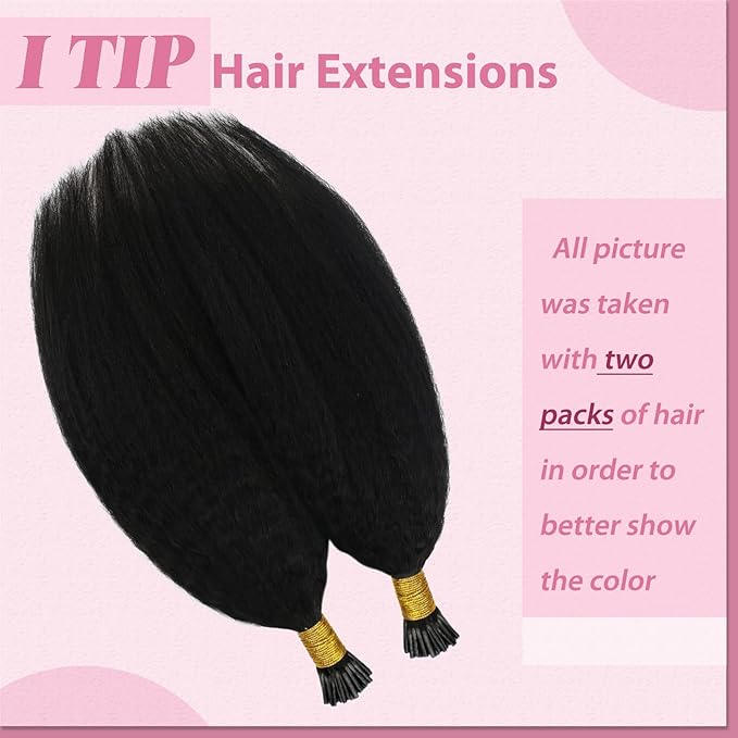YoungSee I Tip Hair Extensions Kinky Straight Black Itip Hair Extensions Real Human Hair Black 20In 50g I Tip Hair Extensions Human Hair Kinky 50s Invisible Hair Extensios Yaki Straight for Wedding