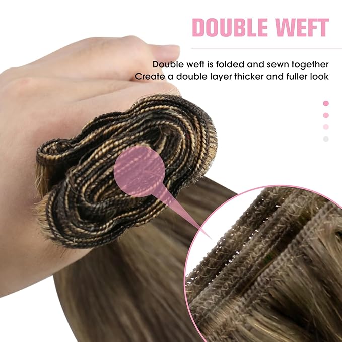 YoungSee Human Hair Weft Extensions Brown Highlight Sew in Hair Extensions Real Human Hair Dark Brown Mix Caramel Blonde Sew in Extensions Long Straight Hair 100G 24Inch