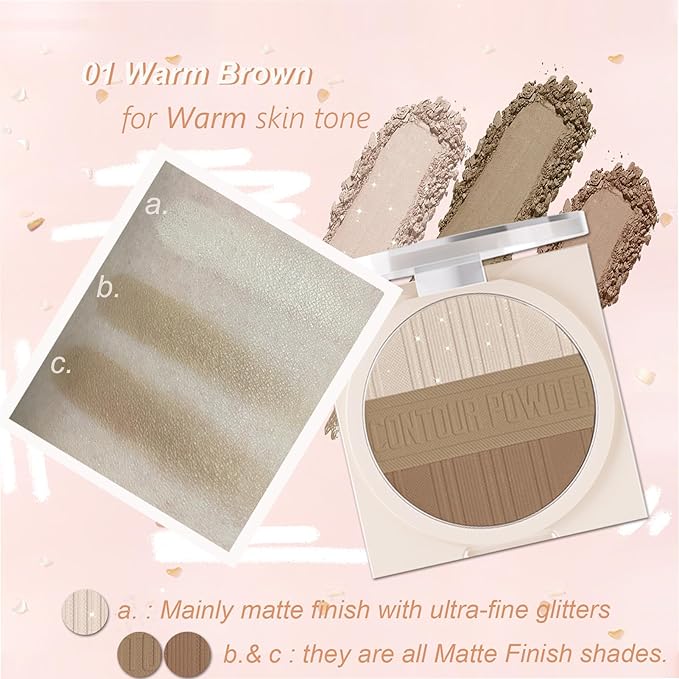 Contour Powder Makeup Palette Matte Shimmer Face Sculpting Shading Silky Smooth Tone Tuning Flawless Pressed Powder Bronzer for Warm Skin Tone, 01 Warm Brown