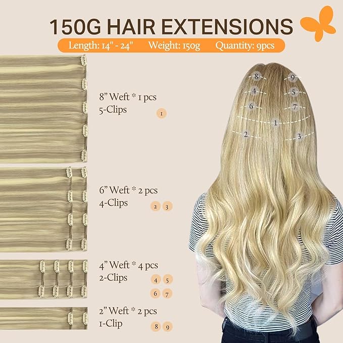 DOORES Human Hair Clip Extensions, Light Blonde Highlighted Golden Blonde 150g 9pcs 20 Inch, Natural Remy Clip in Hair Extensions Straight Thick Hair Extensions