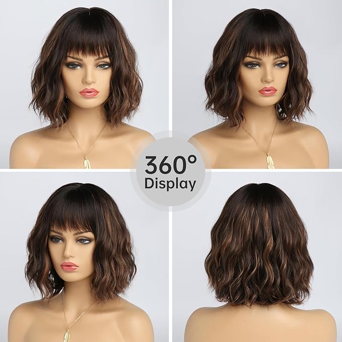 Short Dark Brown Wig with Highlight Wigs for Women Brown Mixed Gold Wig Highlights with Bangs Medium Length Synthetic Hair Wavy Bob Wig Colorful Wigs（14 Inches）