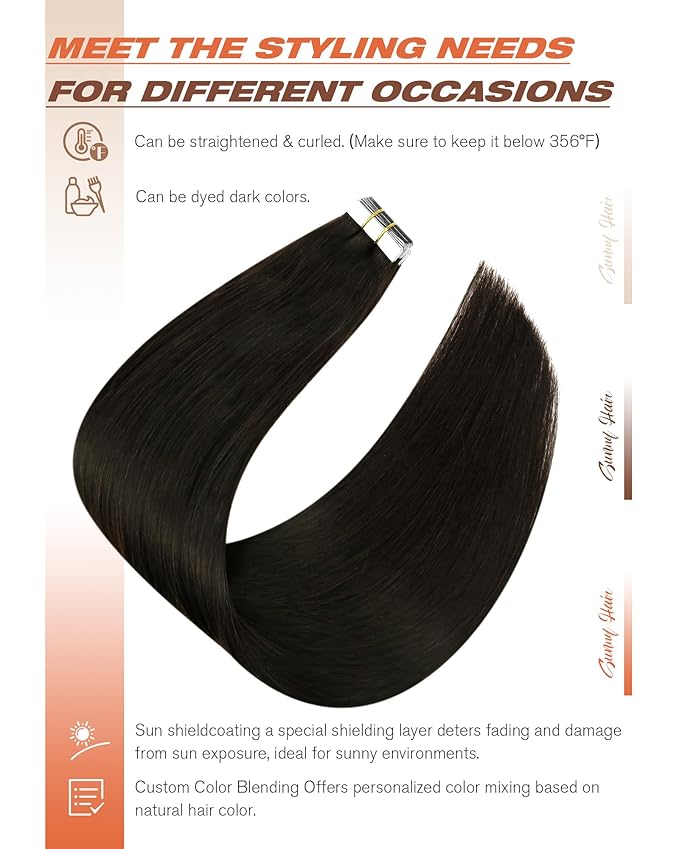 Sunny Hair Tape in Hair Extensions Human Hair 24inch Hair Extensions Real Human Hair Tape in Extensions for Women Darkest Brown Invisible Natural Straight Skin Weft Double Sided Tape 40pcs 100g