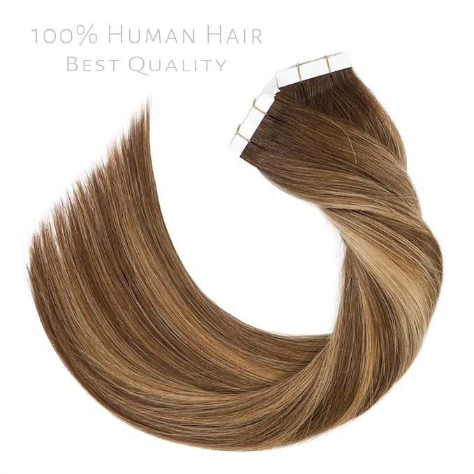 Lacer Hair Extensions Human Hair Tape in 18 Inch Highlight Chocolate Brown to Caramel Blonde with Brown Roots Tape in Real Human Hair Extensions R#4-4/27