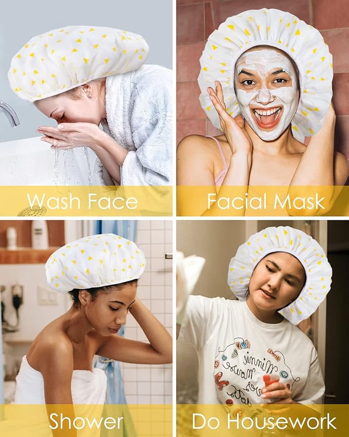 Auban Shower Cap, Shower Cap for Women Terry Cloth Lined EVA Exterior Reusable Double Layer Waterproof, Large Bath Hair Cap for All Hair Lengths (Yellow)