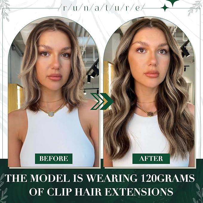 RUNATURE Real Hair Extensions Clip Ins, Brown Clip in Hair Extensions with Highlights, Double Weft Natural Hair for Women, Easy to Apply, 16 Inch 50g 3pcs #3P12 Brown Mix Blonde