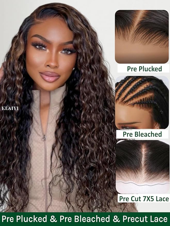 KLAIYI Golden Brown Water Wave Bye Bye Knots Glueless Wig Human Hair Highlight 7x5 Precut Lace Front Pre Plucked Bleached Ombre 3S Ready to Wear Go Beginners Wig with Dark Roots Deep Curly Wave 22Inch