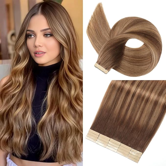 Chocolate Brown to Caramel Blonde Tape in Hair Extensions Human Hair,14 Inch Human Hair Tape in Extensions 20Pcs Human Hair for Women Seamless Real Human Hair