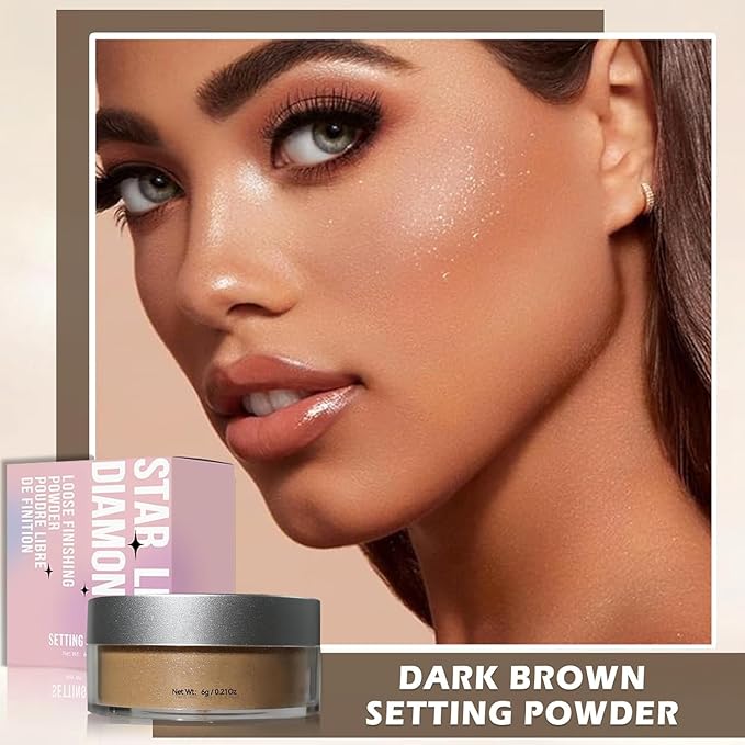 Loose Face Powder Setting Powder, Shimmer Glitter Loose Powder, Matte Finishing Powder Shine, Waterproof, Oil Control, Lightweight Face Powder Makeup for All Skin Tones (Dark Brown Shimmer)