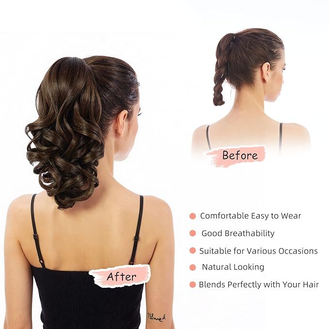 Ponytail Extension, Clip on Ponytails for Women, 12" Claw Clip in Short Curly Wavy Pony Hair Extension for Women - Brown