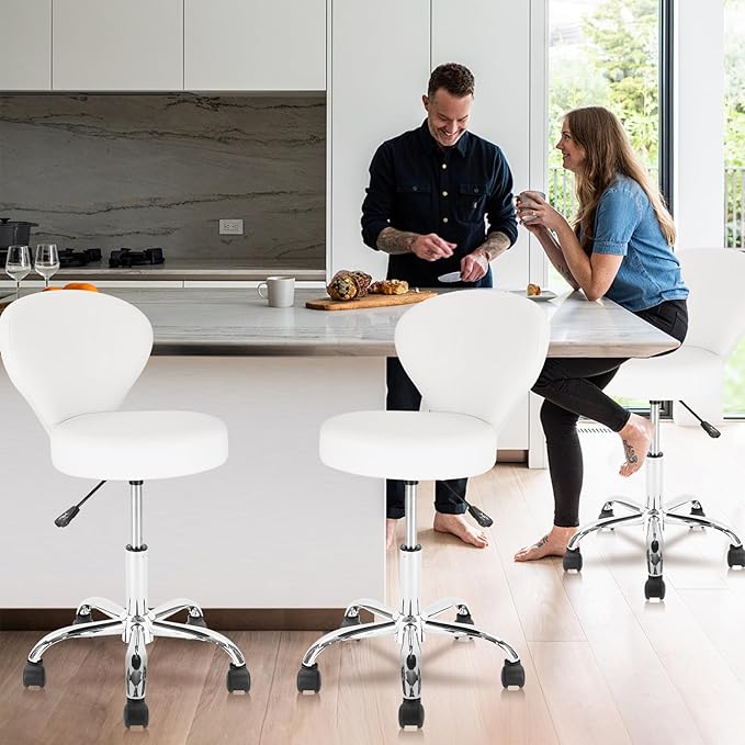 Rolling Swivel Salon Stool Chair with Back Support Adjustable Hydraulic for Office Massage Facial Spa Medical Drafting Tattoo Beauty Barber White