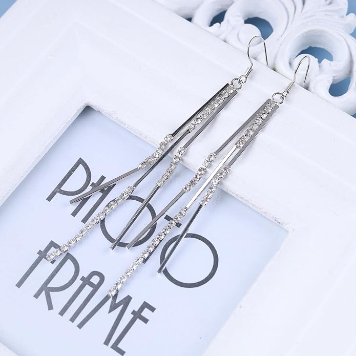 Vintage Crystal Tassel Earrings Rhinestone Bar Drop Earrings Long Rhinestone Chain Earrings Gold Cz Bar Hook Earrings Sparkle Tennis Chain Earrings Jewelry for Women