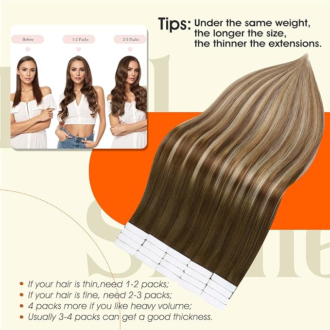 Full Shine Hair Extensions Tape in Color 4 Brown Fading to 27 And 60 Blonde Highlight 8 Brown Tape in Hair Extensions 20Inch Invisible Seamless Extensions Straight Remy Human Hair 50Gram 20Pcs