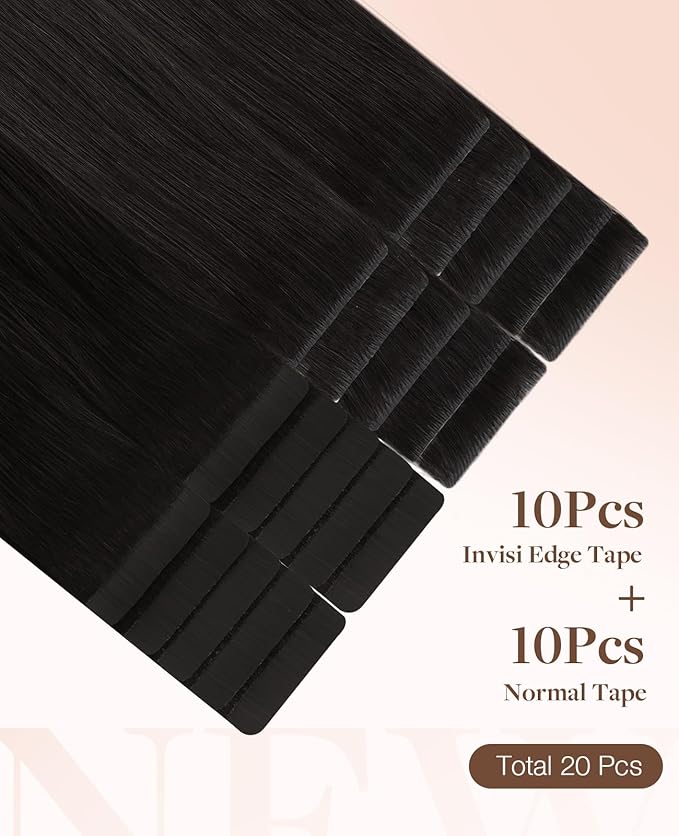 GOO GOO Invisi Edge Tape in Hair Extensions Human Hair, 1B Natural black 10pcs injected with 10pcs classical tape ins, 24inch 50g, Virgin Remy Hair, Natural Look