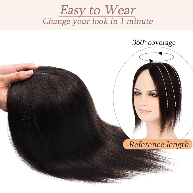 Human Hair Toppers for Women with Thinning Hair Real Human Topper Crown No Bangs 10 Inch #2 Dark Brown