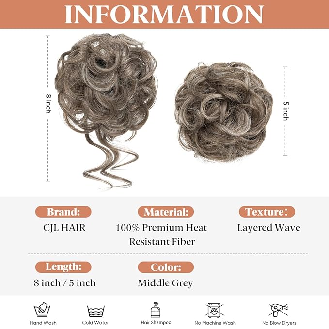 CJL HAIR 2PCS Messy Bun Hair Pieces Wavy Curly Synthetic Updo Chignon Fake Scrunchies Ponytail Extension for Women Middle Grey