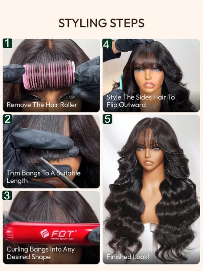 KLAIYI Fluffy Body Wave Curtain Bang Wig Bye Bye Knots Glueless Pre Cut 7x5 Lace Front Wigs Human Hair Loose Wave Pre Bleached Pre Plucked Pre Everything 3S Easy to Wear and Go Wig 180% Density 20Inch