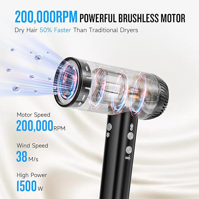 2026 Hair Dryer, 200,000 RPM Professional High Speed Blow Dryer with Diffuser for Women, 1200M Negative Ionic Hair Dryer with Brushless Motor, Low Noise Hair Blow Dryer for Home Travel Salon,Black