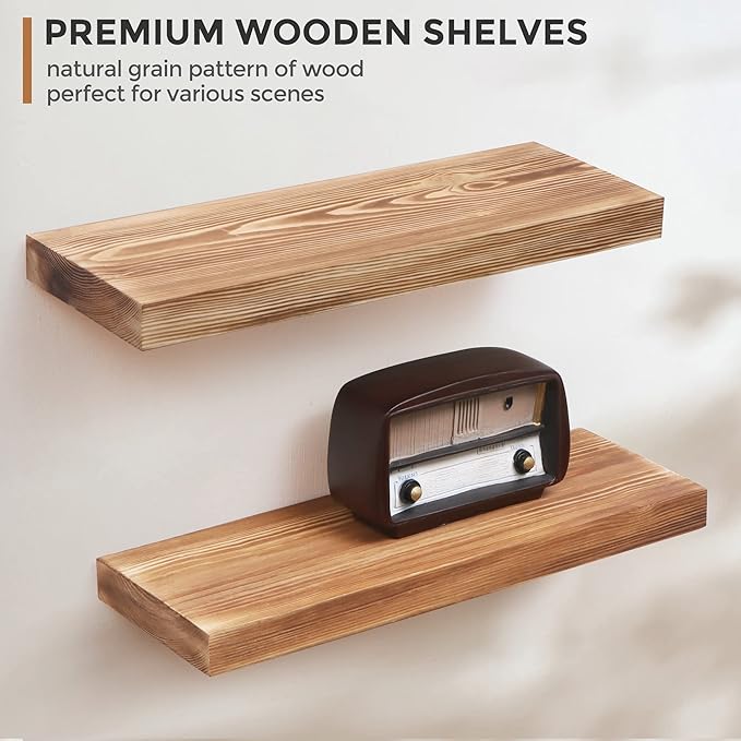 Fun Memories European Pine Floating Shelves for Wall, Mounted Shelf for Decor Storage Set of 2 - Natural Rustic Wooden Wall Shelf for Kitchen Bathroom Living Room Bedroom Farmhouse - Carbonized