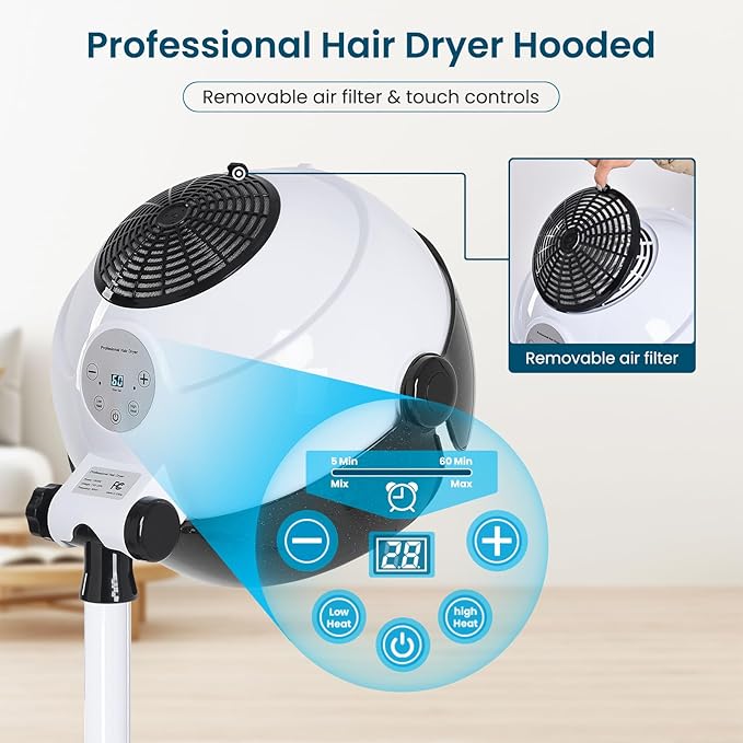Hooded Hair Dryer, Professional Hood Dryer on Wheels, Sit Under Dryer, Standing Hair Dryer, White