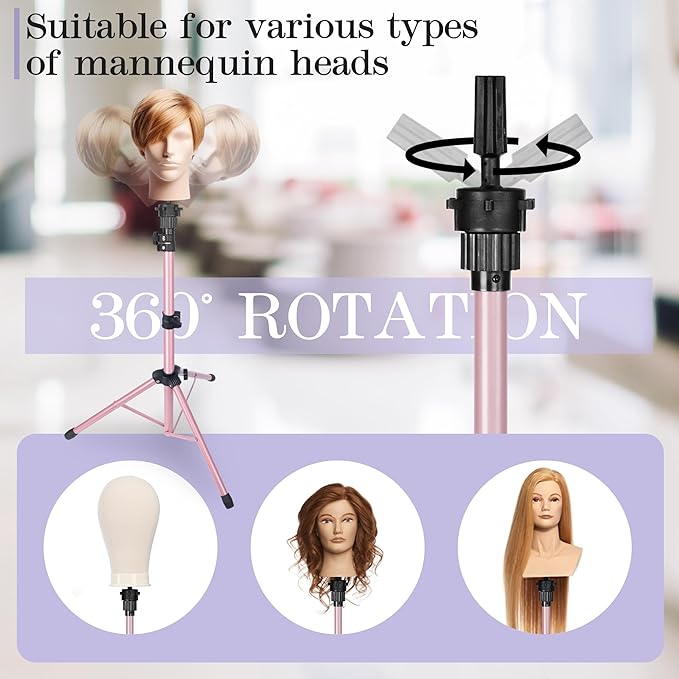 Auroras Adjustable Wig Stand Tripod, Mannequin Stand for Wig Tripod Stand, Mannequin Head Stand for Cosmetology Hairdressing Training, Pink (Mannequin Head Not Included)