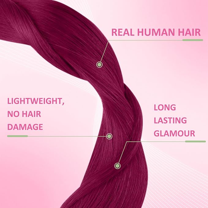 YoungSee Invisible Tape in Hair Extensions Magenta 22 Inch Human Hair Tape in Extensions Rosein Colored Hair Extension Real Human Hair Tape-in for Long Hair 10pcs 25g