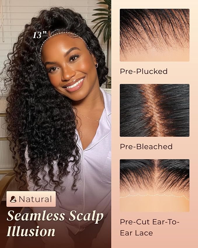 Arabella 13x6 Deep Wave Lace Front Wigs Human Hair 210% Density Glueless Wigs Human Hair 100% Curly Wave Human Hair Wigs 12A Pre Plucked Pre-Bleached Pre-Cut Glueless Wig 20 Inch