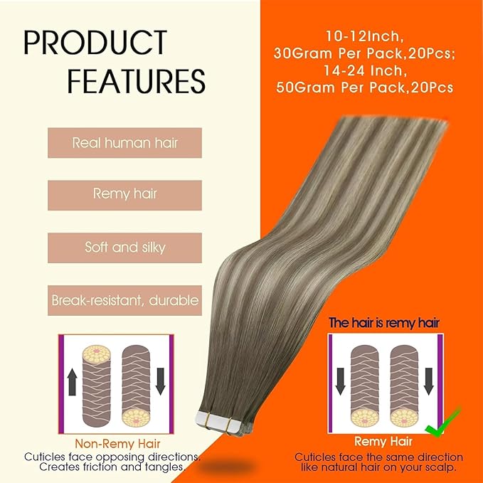 Full Shine Tape ins Human Hair Extensions Color 7 Brown Ombre 1000 Blonde And 7 Brown Human Hair Extension Tape ins 16 Inch Invisible Seamless Remy Tape Hair Extensions for Wedding 50Gram 20Pcs