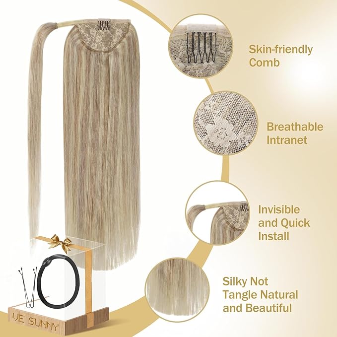 Ve Sunny Hair Extensions Ponytail Real Human Hair Wrap Around Clip in Ponytail Hair Extensions Straight Extensions Human Hair for Women Blonde Highlights for Women Warm Color 18inch 80G