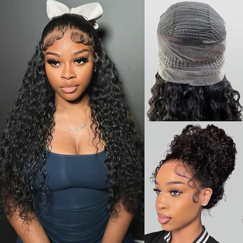 360 Glueless Drawstring Wig Human Hair 22 Inch Pre Plucked Hidden Strap 360 Water Wave Lace Front Wigs,180% Density Curly Wet and Wavy HD Full 360 Lace Frontal Human Hair Wig
