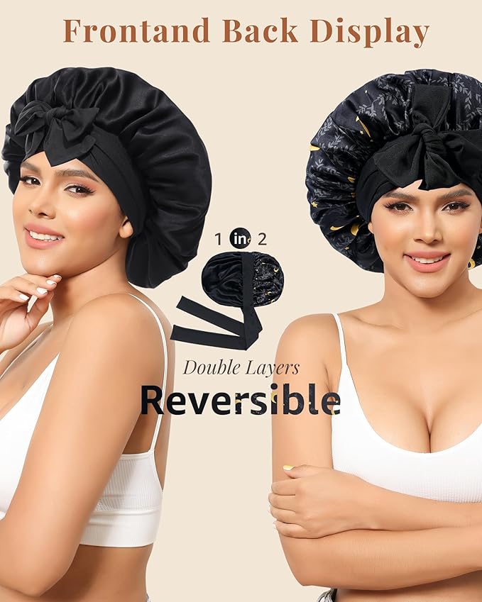 AWAYTR Silk Bonnet for Sleeping Women 100% Mulberry Silk Bonnet with Band 2 Layer Reversible Hair Bonnet Sleeping Hair Wrap (Stars/Black)