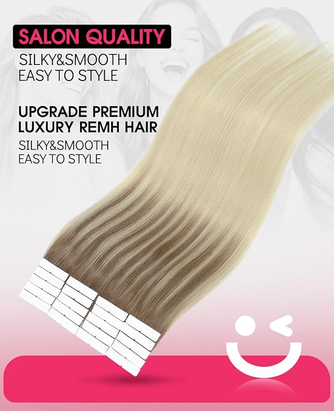Youngsmile Invisible Tape in Hair Extensions Human Hair #8T60 Ash Brown to Platinum Blonde Balayage Injection Tape in Hair Extensions 20pcs 35g 16 Inch (#8T60,16'')