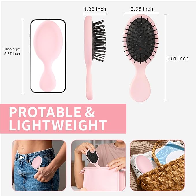 Mini Hair Bursh for Women,girls-Protable Travel Size Hair Brush for Pockets,Purse,backpack-Mini Detangler Brush for All Hair Types,Small Hair Brush for Detangling(Pink)