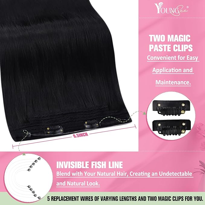 YoungSee Invisible Wire Hair Extensions Real Human Hair Black Wire Human Hair Extensions Jet Black Fish Line Hair Extension for Women 14In 80G