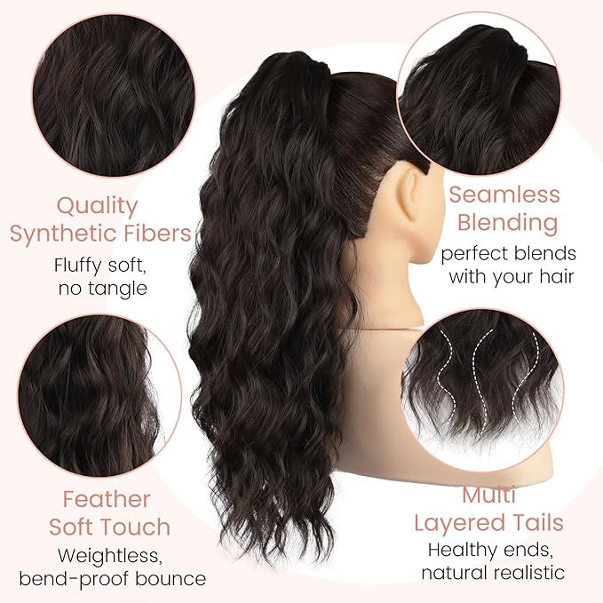 Claw Wavy Ponytail Extension 18 Inch for Women Curly Pony Tail Clip in Hair Extensions Shoulder Length Fluffy Natural Looking Synthetic Hairpiece for Daily Use (Black Brown)