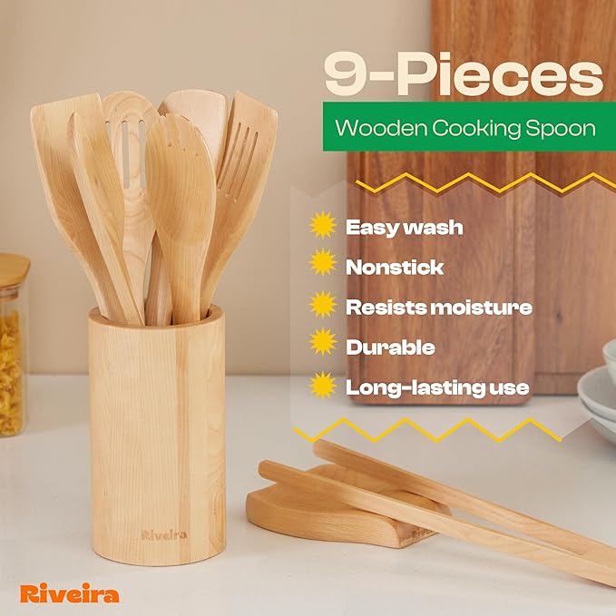 Riveira Maple Wooden Spoons for Cooking Set of 9 – Natural Maple Wooden Cooking Utensils, Wooden Spatula, Wooden Spoon - Premium Quality Wooden Utensil Set for Non-Toxic Cooking