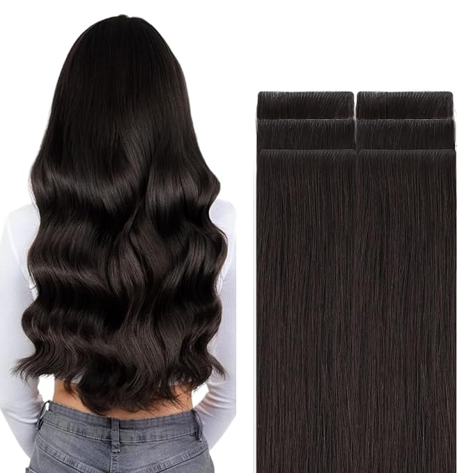 GOO GOO Invisi Edge Tape in Hair Extensions Human Hair, 2 Dark Brown, 6pcs 16inch 15g, Virgin Remy Hair, Seamless Injected Tape, Natural Look