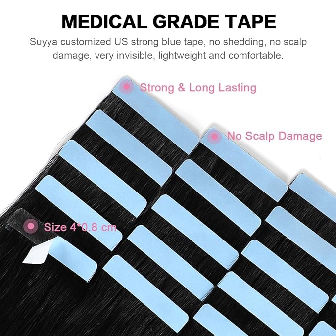 SUYYA Tape in Hair Extensions Human Hair Jet Black 30 Inch 60g/pack 20pcs Straight Seamless Skin Weft Tape in Real Human Hair Extensions (30 inch #1 Jet Black)