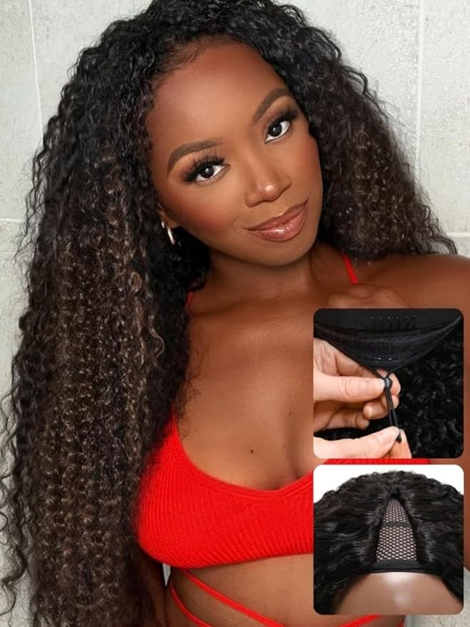 YIROO EasiContour V Part Ombre Brown Human Hair Wig Curly 12A Glueless Upgrade U Part Wig Ombre Black to Chestnut Brown No Leave Out V Shape Clip Wigs Ready to Go 150% Density Beginner Friendly 26Inch