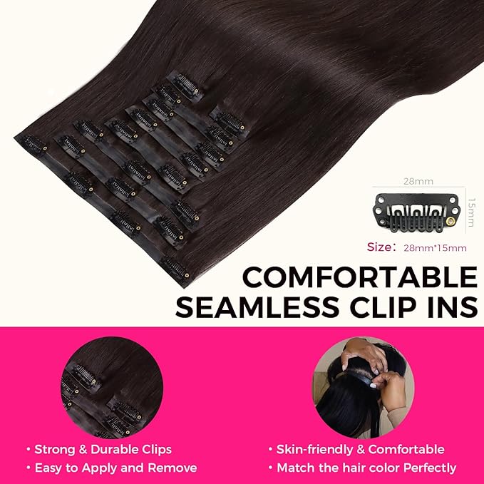 Lashey Seamless Clip in Hair Extensions Human Hair 130g 9pcs #2 Dark Brown Light Yaki Straight 14 Inch Clip in Hair Extensions Full Pack with Soft PU Invisi Edge