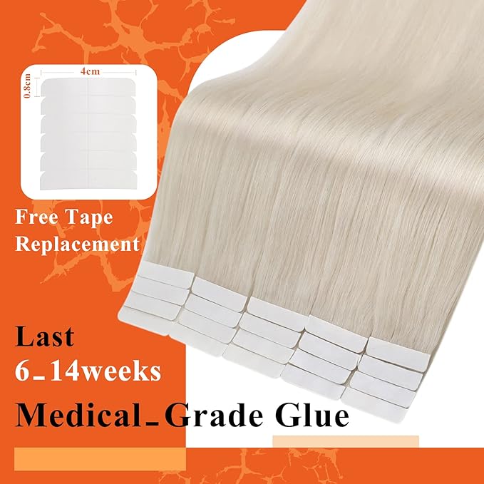 Full Shine Tape in Hair Extensions 20 Inch Color 1000 White Blonde Hair Extensions Real Human Hair Double Sided Tape ins Adhesive 20Pcs 50Grams Long Straight Natural