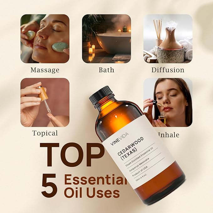 Vinevida Cedarwood (Texas) Essential Oil 4 oz - Undiluted - DIY Candle Scents & Bulk for Soap Making