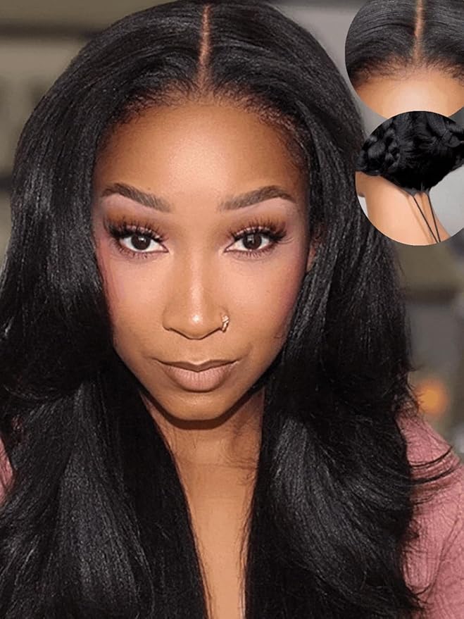 Julia Hair No Slip Yaki Straight 7x5 Lace Closure Glueless Drawstring Wig Flexible Mesh Cap Bye-Bye Slip Pre Cut HD Lace Front Pre Everything Bleached Knots Wear and Go Wig,Zero Slip Hold 16 Inch