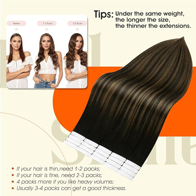Full Shine Seamless Tape in Hair Extensions Color 1B/6/1B Invisible Tape ins Human Hair Extensions 20 Inch Remy Extensions Human Hair 50 Gram Straight Natural Hair Extension 20Pcs for Wedding