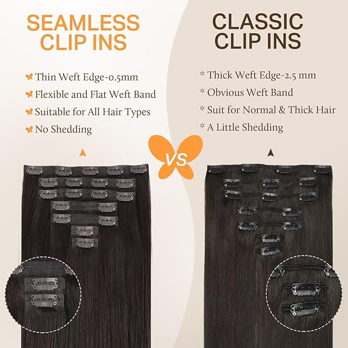 DOORES Seamless Clip-in Real Human Hair Extensions, Dark Brown 7pcs 110g 18 Inch, Invisi Edge Straight Hair