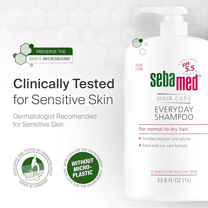 SEBAMED Everyday Shampoo for All Hair Types and Sensitive Scalp Hypoallergenic Dermatologist Recommended pH 5.5 Soap and Alkali Free for Soft and Healthy Hair (1 Liter) Pack of 2