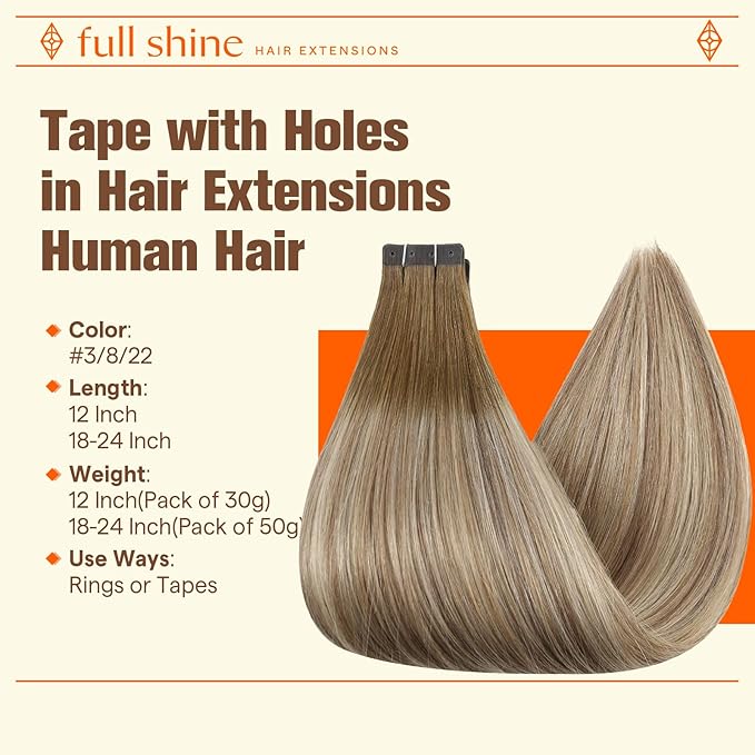 Full Shine Tape in Hair Extensions Human Hair Color 3 Dark Brown to 8 Ash Brown and 22 Blonde Invisible PU Hair Extensions 18Inch 50G 20PCS Glueless Invisible Tape in Extensions Seamless