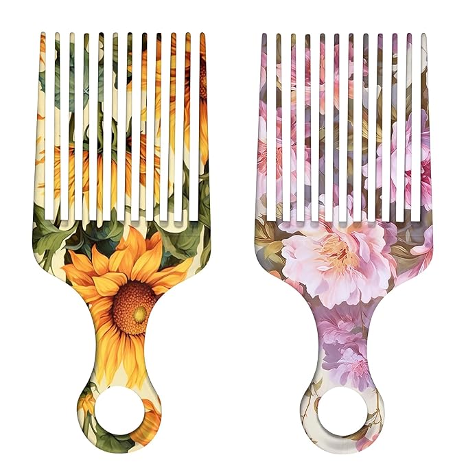 2 Pcs Afro Pick Comb for Natural Curly Hair,Portable Styling Hair Pick for Travel,Anti-Static,Cute Afro Comb for Women Men and Girls(Yellow-T10)