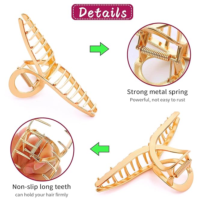AIBEE Large Metal Hair Claw Clips - 4pcs Nonslip Big Gold Hair Clamps with Strong Hold for Thick and Thin Hair for Women and Girls